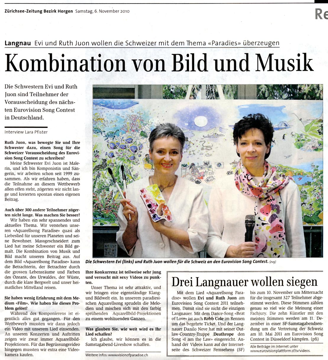 Zürichsee Zeitung Artikel: Ruth und Evi Juon wollen an den Eurovision Song Contest